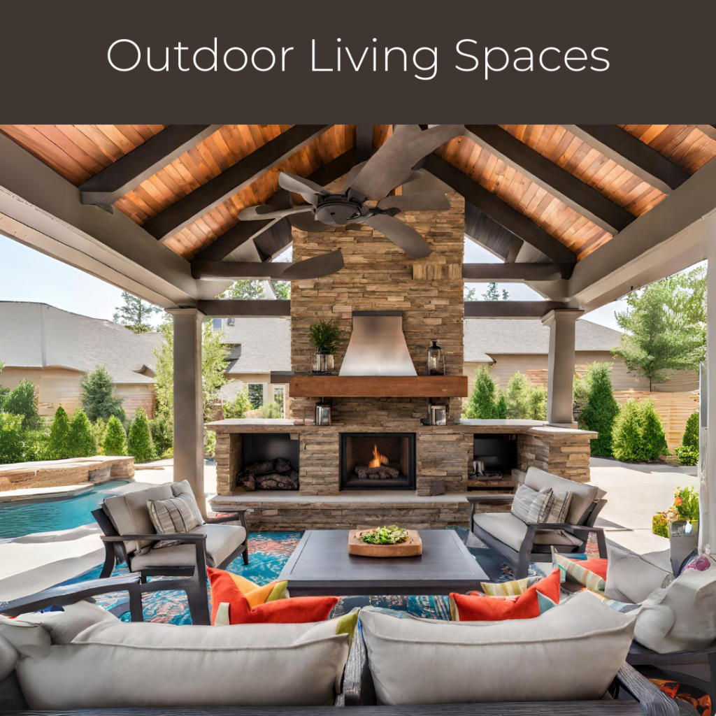 Custom Outdoor Living Area with a fireplace and couches